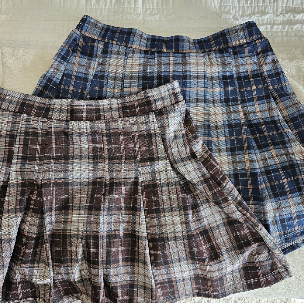 Halara Navy & Brown Plaid High Waisted Pocket Pleated Mini Casual Skirts Medium